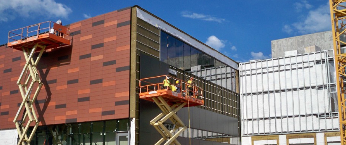 University of Arkansas Bookstore Terracotta and Fiber Cement Rainscreen Installation 